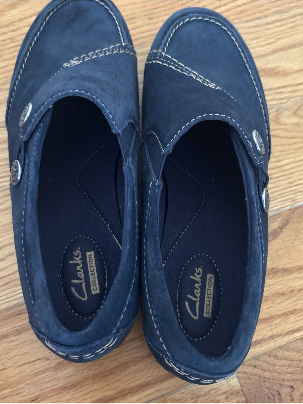 Clarks Navy Suede Casual Slip-Ons with Contrast Stitching